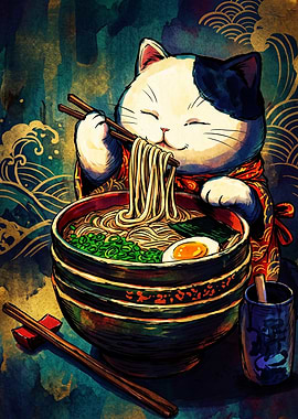 Cute Cat Eating Ramen Illustration