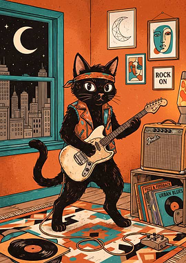 Cool Black Cat Playing Electric Guitar