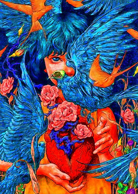Surreal Portrait of Girl and Birds