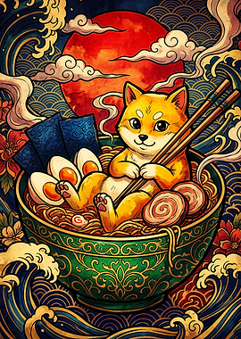 Shiba Inu Relaxing in Ramen Bowl