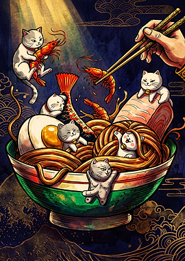 Cute Cats Playing in Ramen Bowl