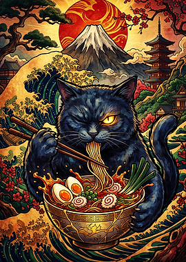 Black Cat Eating Ramen Ukiyo-e Style