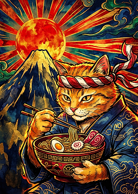 Samurai Cat Eating Ramen Illustration