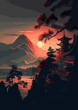 Sunset Over Mount Fuji and Pagoda