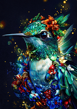 Vibrant Hummingbird with Floral Accents