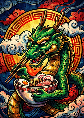 Green Dragon Eating Ramen Bowl