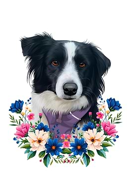 Border Collie Portrait with Floral Wreath
