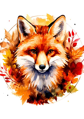 Watercolor Autumn Fox Portrait