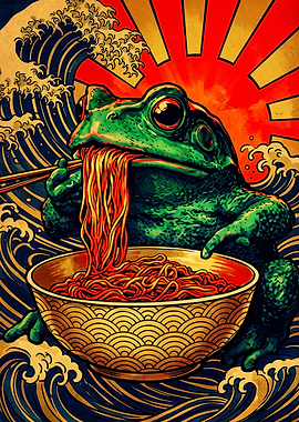 Frog Eating Ramen Japanese Art