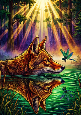 Fox and Dragonfly by the Pond