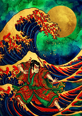 Samurai Surfing the Great Wave
