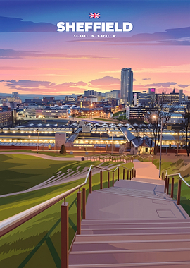 Sheffield Cityscape Sunset Travel Poster