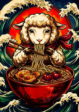 Sheep Eating Ramen Ukiyo-e Style