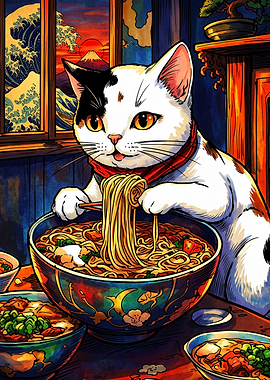 Cat Eating Ramen Japanese Art Style