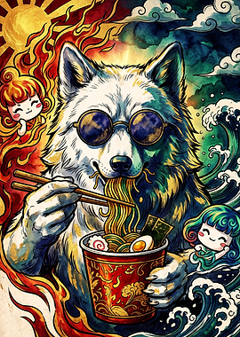 Cool Wolf Eating Ramen Illustration