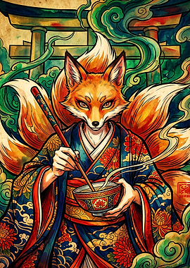 Kitsune Fox Spirit Eating Ramen