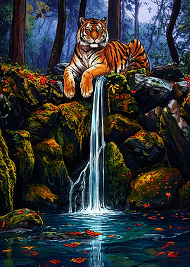 Majestic Tiger Resting by Waterfall