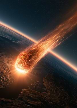 Fiery Meteor Impacting Earth Atmosphere Space