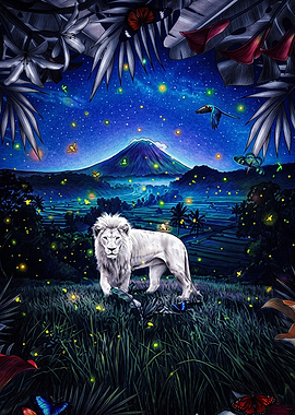 White Lion in Magical Night Landscape