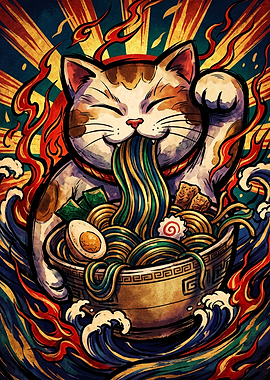 Maneki-neko Eating Ramen Illustration
