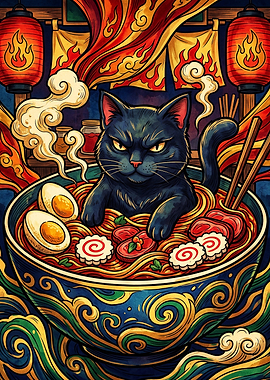 Black Cat in Ramen Bowl