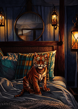 Tiger sitting on a cozy bed