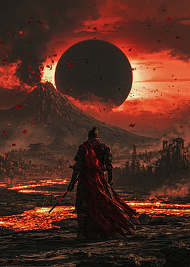 Samurai Standing Before Volcanic Eclipse