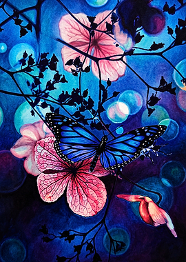 Blue Butterfly Among Pink Flowers