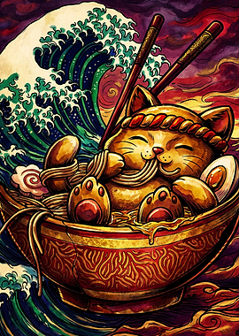 Cat Eating Ramen Great Wave Art
