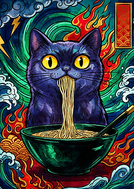 Black Cat Eating Ramen Illustration