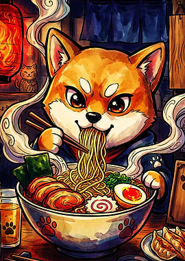 Shiba Inu Eating Ramen Illustration