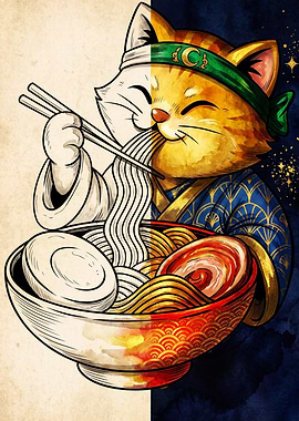 Split Style Ramen Eating Cat