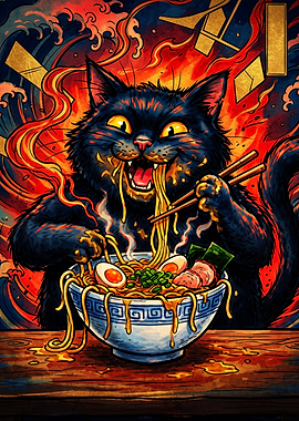Black Cat Eating Spicy Ramen