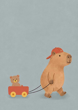 Capybara pulling a teddy bear wagon