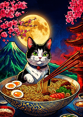 Cat Eating Ramen in Japan