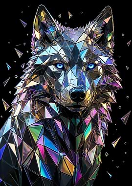 Geometric Iridescent Crystal Wolf Portrait