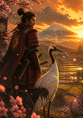 Samurai and Crane at Sunset