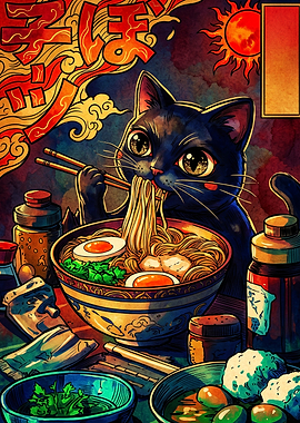 Black Cat Eating Ramen Illustration