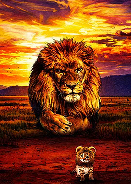 Majestic Lion and Tiny Cub