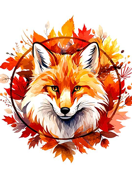 Autumn Fox Portrait with Fall Leaves