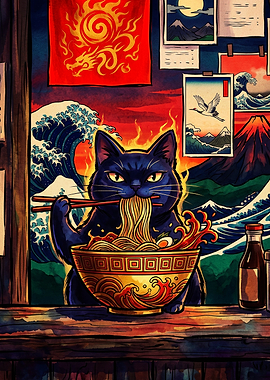 Black Cat Eating Ramen Japanese Art