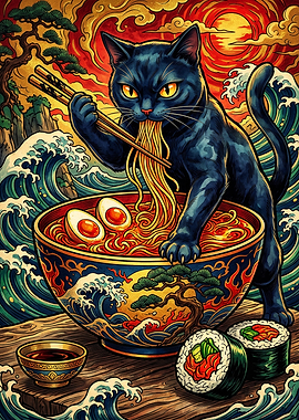 Black Cat Eating Ramen Ukiyo-e Style