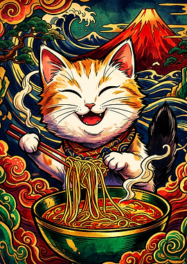 Happy Cat Eating Ramen Illustration