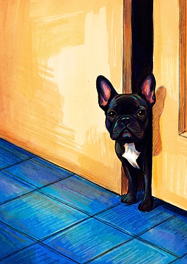French Bulldog Peeking Through Door