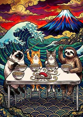 Cats and Sloth Eating Ramen
