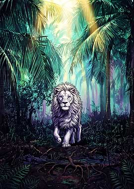 Majestic White Lion in Tropical Jungle