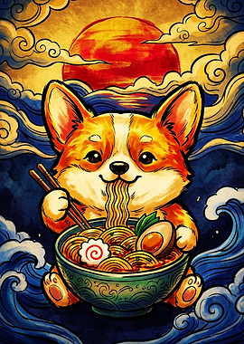 Corgi Eating Ramen Ukiyo-e Style