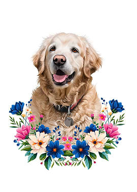 Golden Retriever Portrait with Floral Wreath