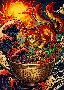 Fiery Ramen Cat Ukiyo-e Art