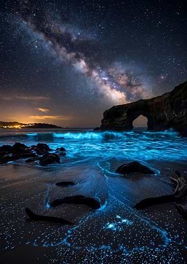 Bioluminescent Beach Under Milky Way